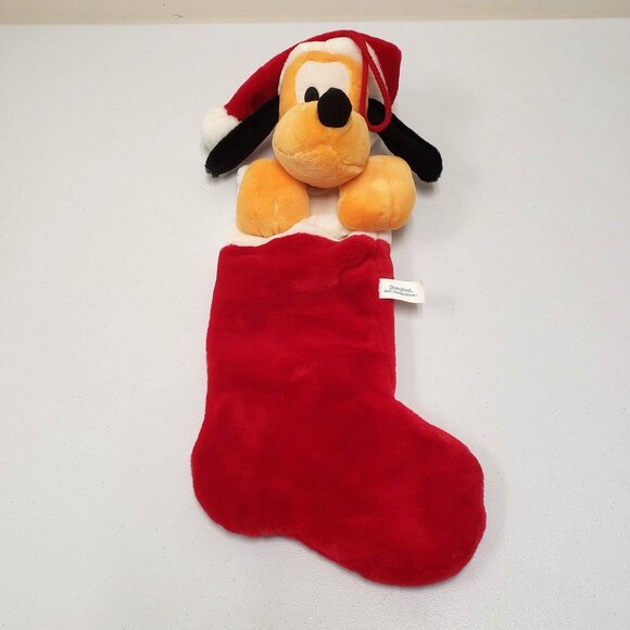 Disney Pluto Dog Christmas Holiday Stocking Disneyland Red White Santa Hat Plush - Picture 1 of 8